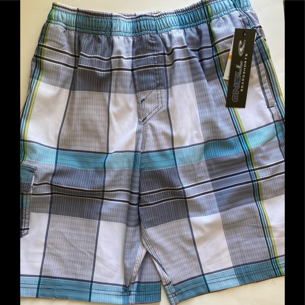 O'Neil swim trunks shorts plaid elastic waste band